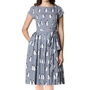 Women's eShakti Penguin and polka dot print crepe sash tie dress
